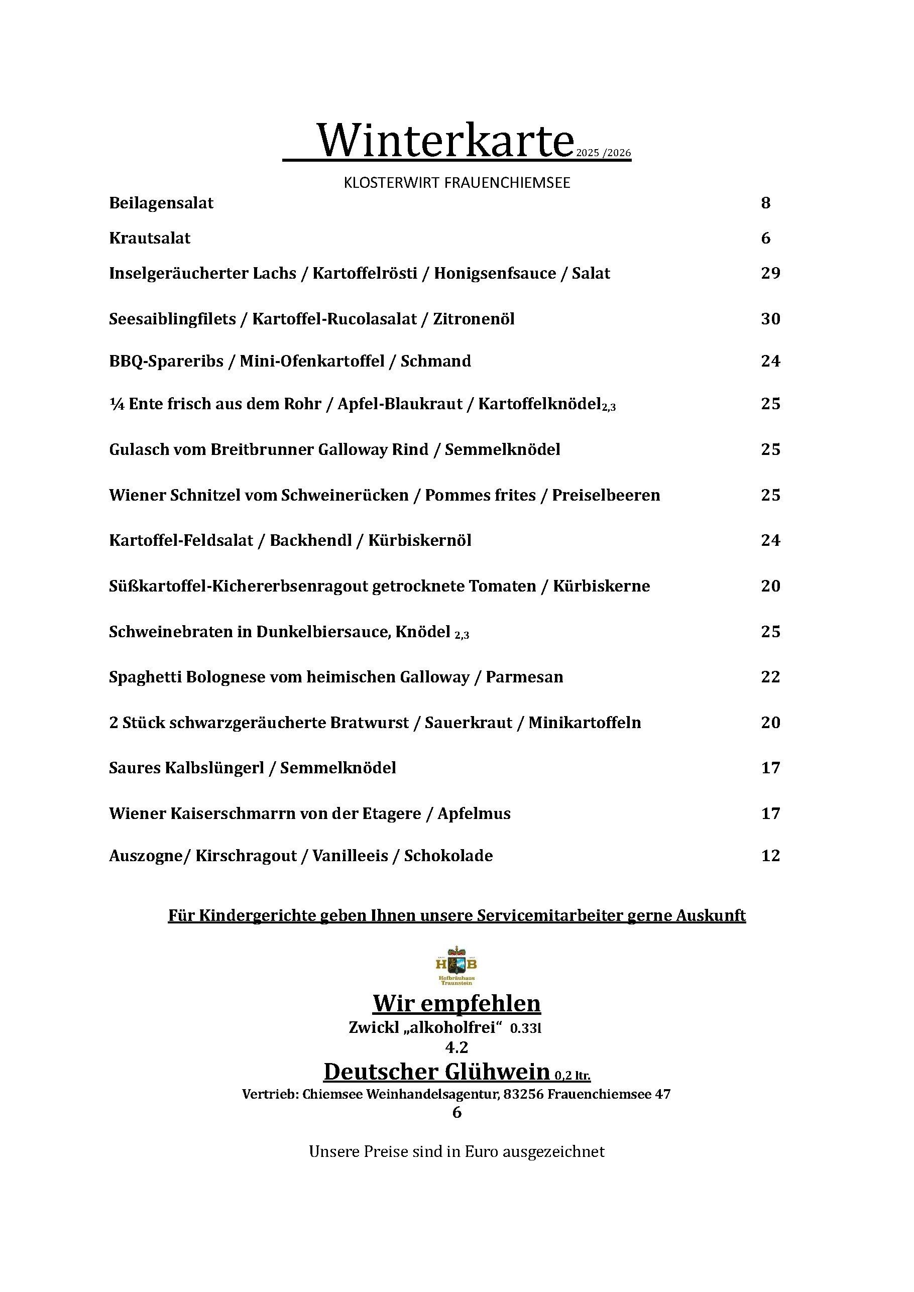 Speisekarte Winter