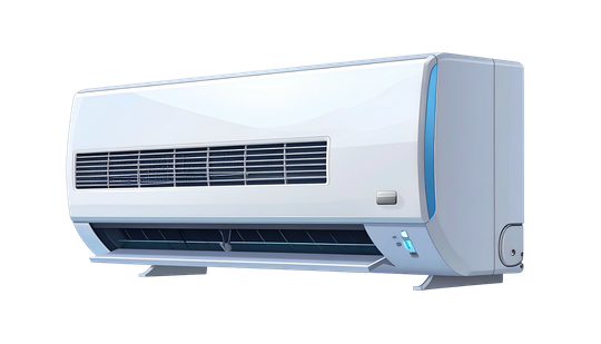 Un climatiseur mural blanc avec un panneau latéral bleu, isolé sur un fond blanc.