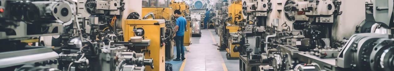 Una imagen borrosa de una fábrica con mucha maquinaria y trabajadores.