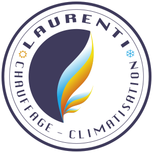 Logo de Laurenti : emblème circulaire bleu et blanc orné d’icônes stylisées représentant une flamme, un soleil et un flocon de neige.