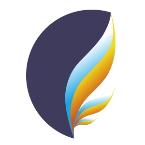 Logo abstrait, forme ovale bleu foncé avec dégradé superposé de bleu, jaune et blanc, ressemblant à une plume.