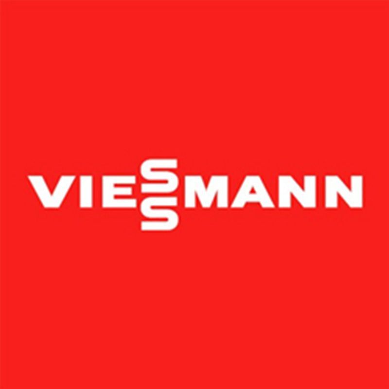Logo Viessmann sur fond rouge. Texte blanc et double S.