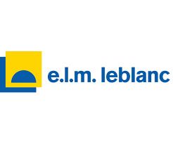 Logo pour Elm Leblanc. Carrés bleus et jaunes avec une arche bleue. Nom de l'entreprise en bleu.