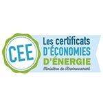 Logo CEE avec texte en français indiquant les certificats d'économies d'énergie du ministère de l'Environnement.