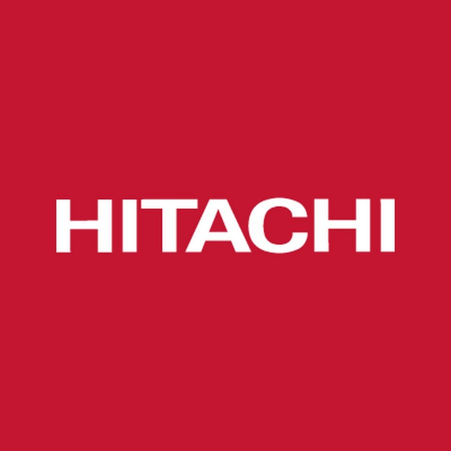 Logo Hitachi : texte blanc sur fond rouge.