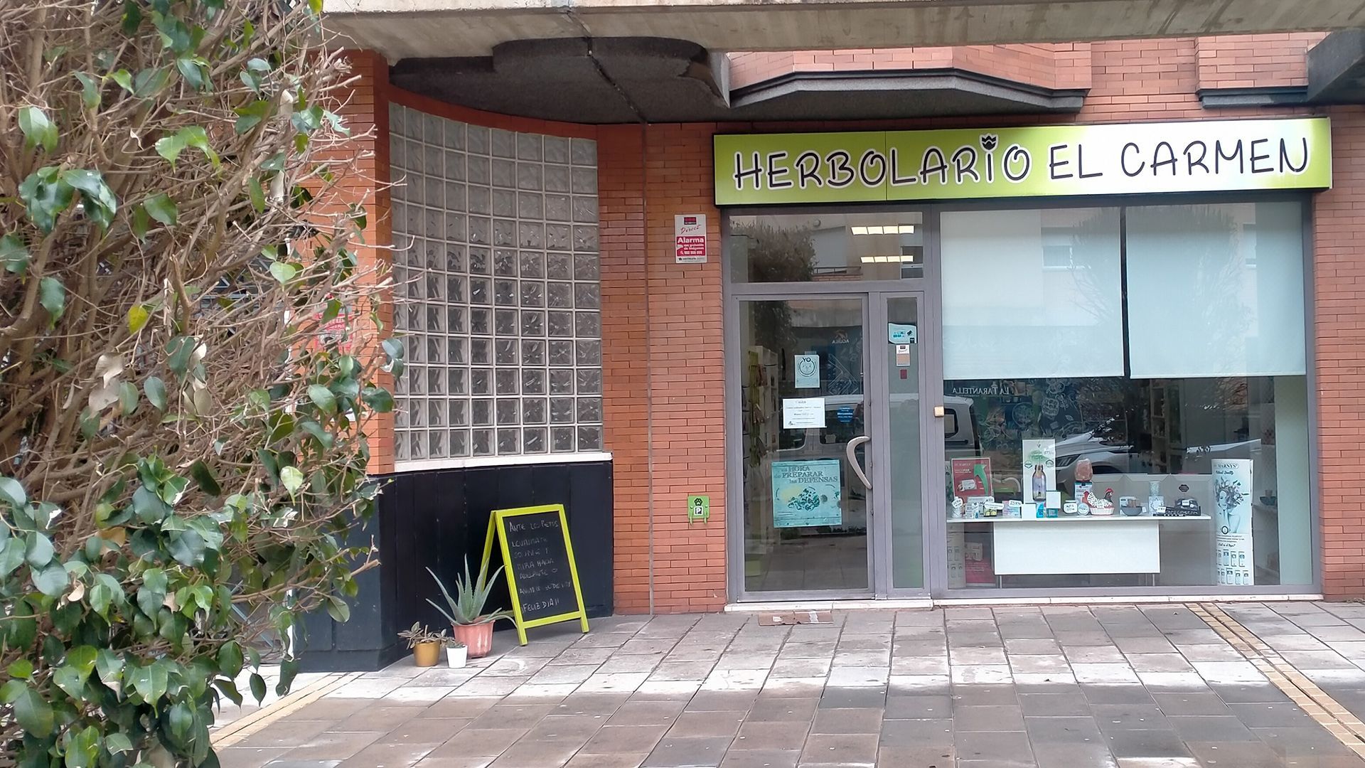 Un edificio de ladrillo con un cartel amarillo que dice 'perro gato el carmen'.