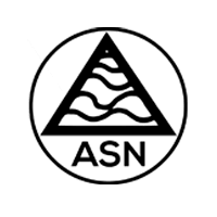 Un logotipo en blanco y negro para asn con un triángulo y ondas en un círculo.