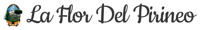 Un logotipo para La Flor del Pirineo con una imagen de una montaña al fondo.