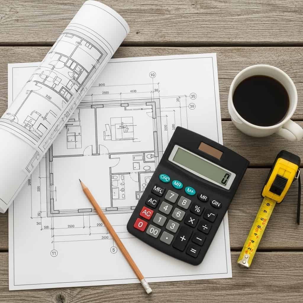 Una calculadora, un lápiz, una cinta métrica y una taza de café están sobre una mesa de madera.