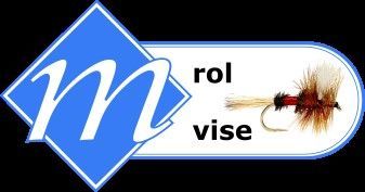 Un logotipo azul y blanco con una mosca y las palabras 'm rol vise' en él.