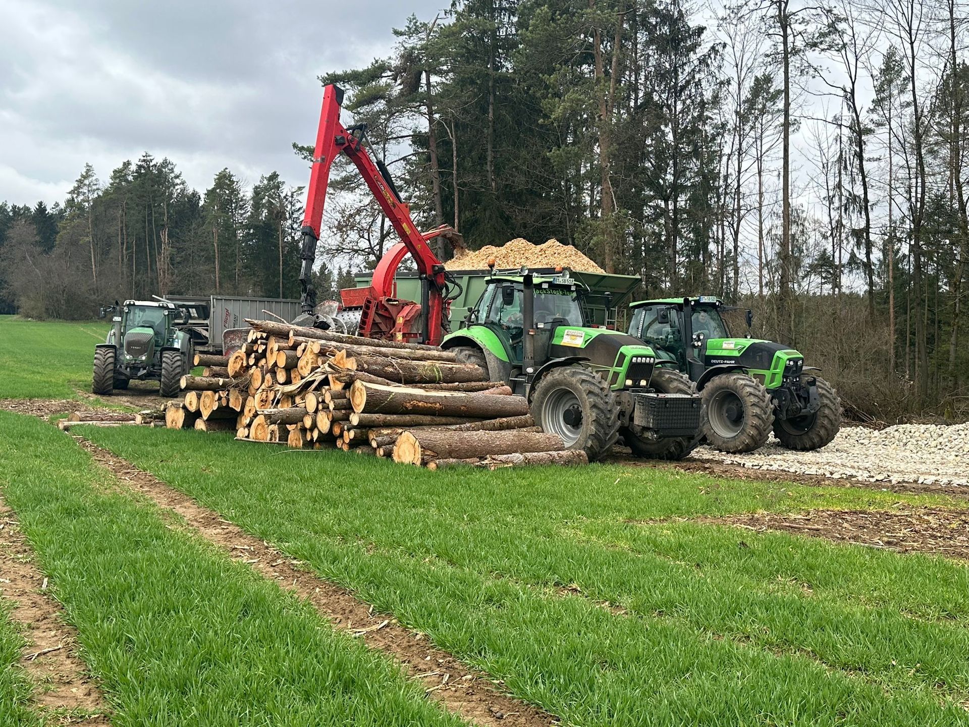 Holzverladung mit Kran und Traktor