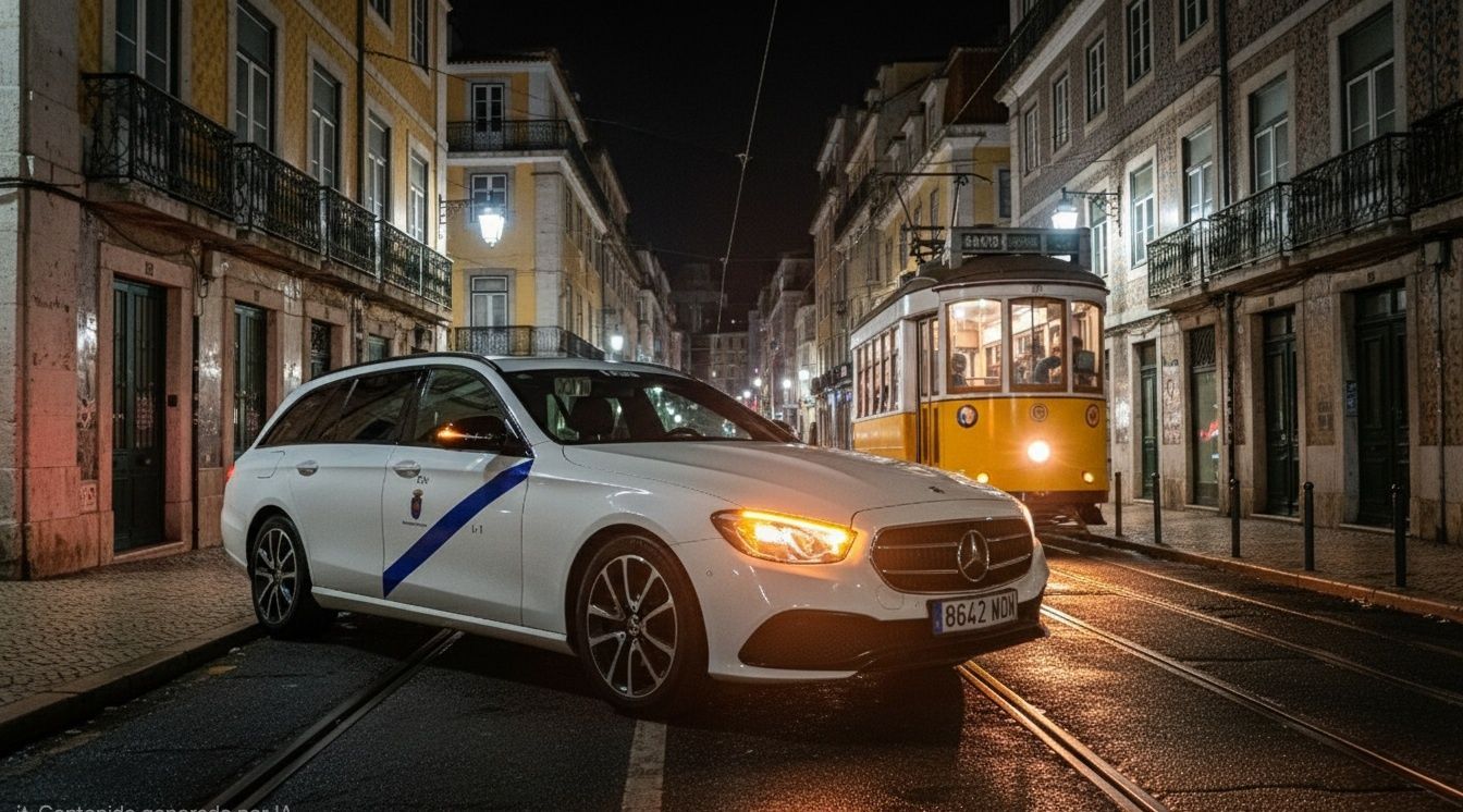 Taxi Mercedes blanco  de Navalmoral de la mata y tranvía amarillo en una calle adoquinada mojada por la noche en Lisboa.