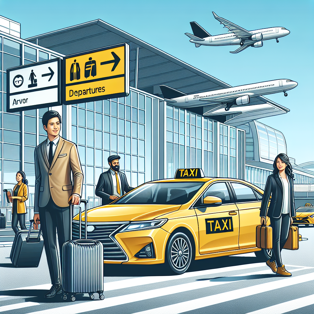 Escena de aeropuerto con taxis, pasajeros y aviones. Personas con equipaje cerca de una parada de taxis.