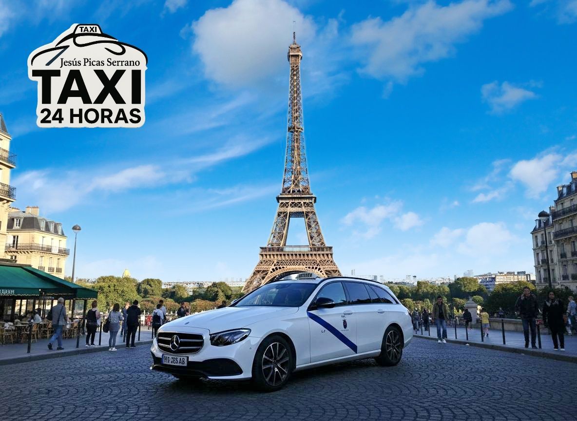 Taxi blanco Mercedes de Jesús Picas en París con la Torre Eiffel al fondo, bajo un cielo azul.