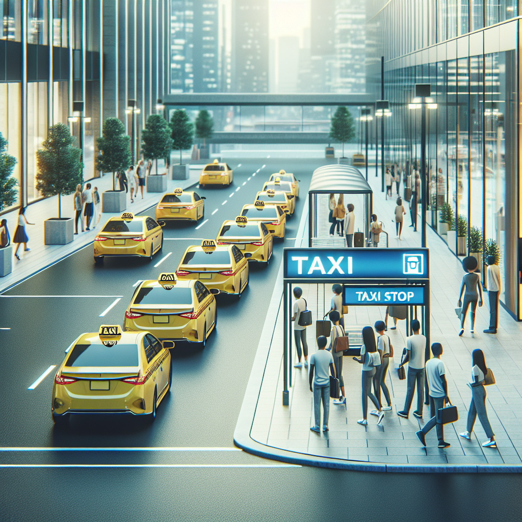 Una fila de taxis amarillos en una parada de taxis de una ciudad. La gente espera y camina por la acera.