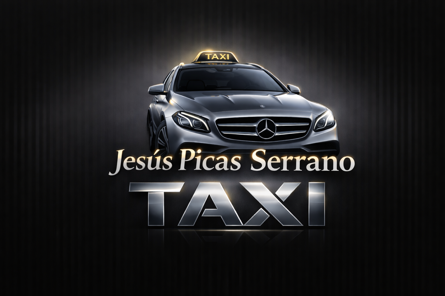Mercedes Plateado sobre fondo negro y gris con el Nombre de Jesús Picas Serrano y Taxi en maysculas y texto mas grande por debajo.