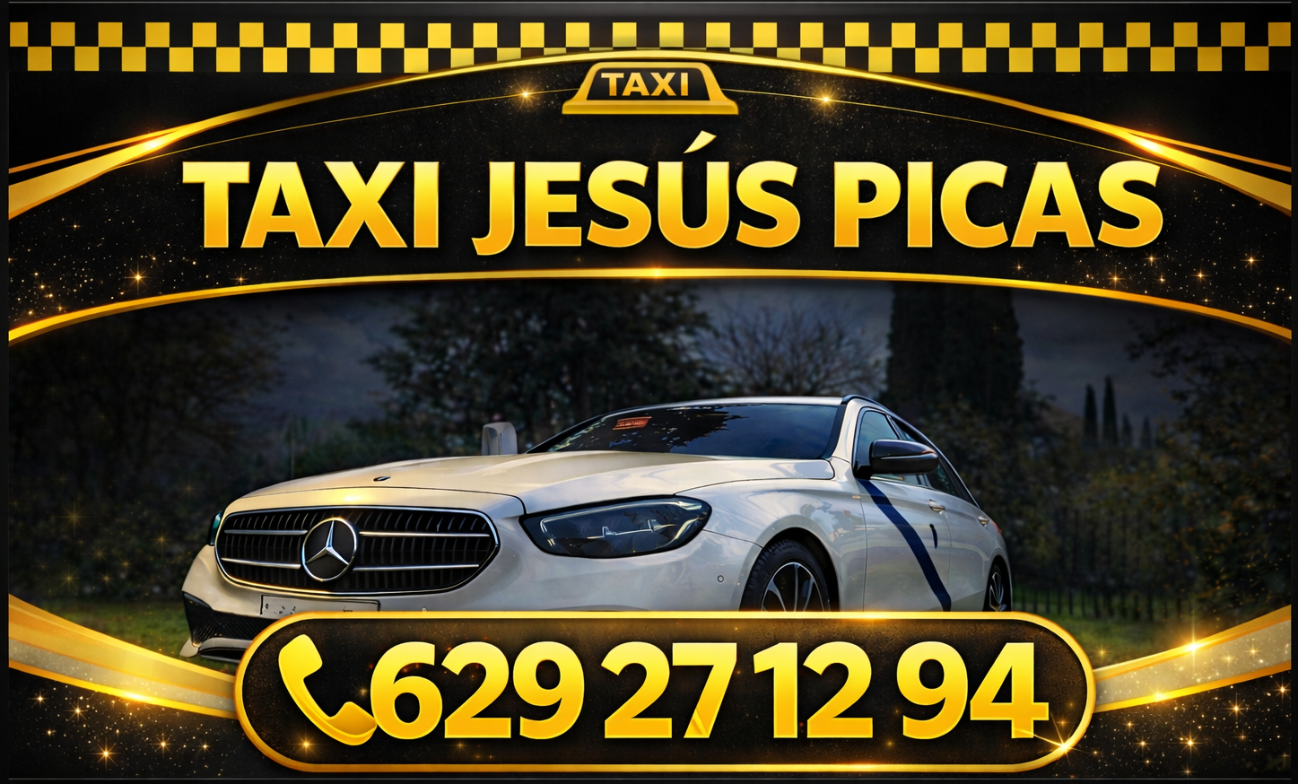 Tarjeta de taxi Jesús Picas con letras y número de télefono y coche  Mercedes E220 de fondo.