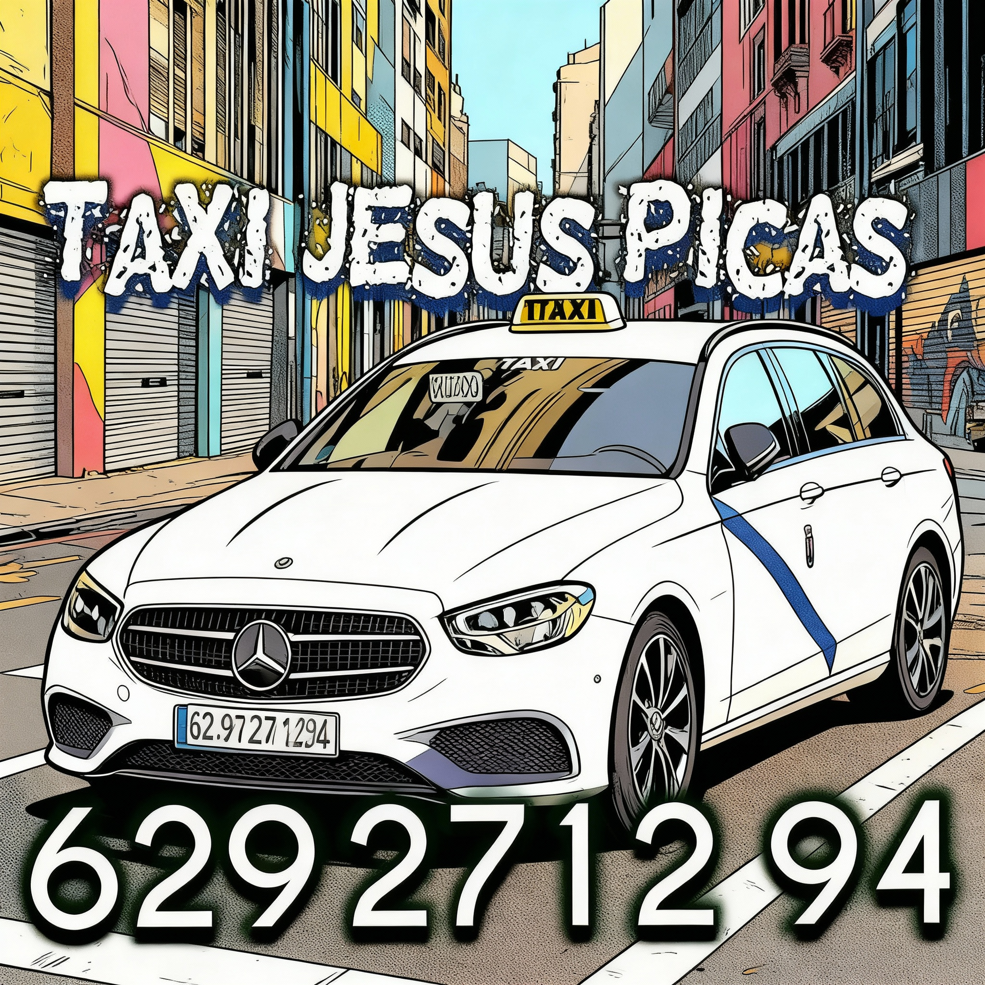 Dibujo tipo comic del taxi Mercedes Benz E220 blanco con franja azul diagonal en la puerta delantera de Taxi Jesús Picas.