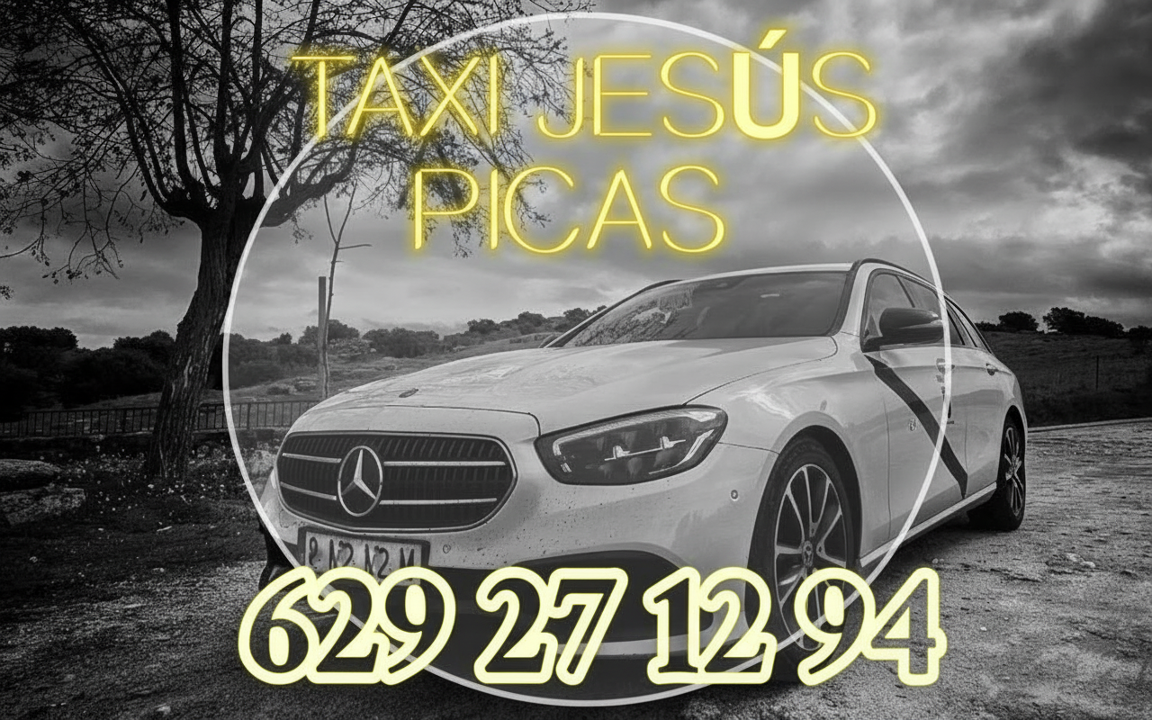 Anuncio de Taxi Jesús Picas con un Mercedes Benz blanco y número de teléfono 629 27 12 94.