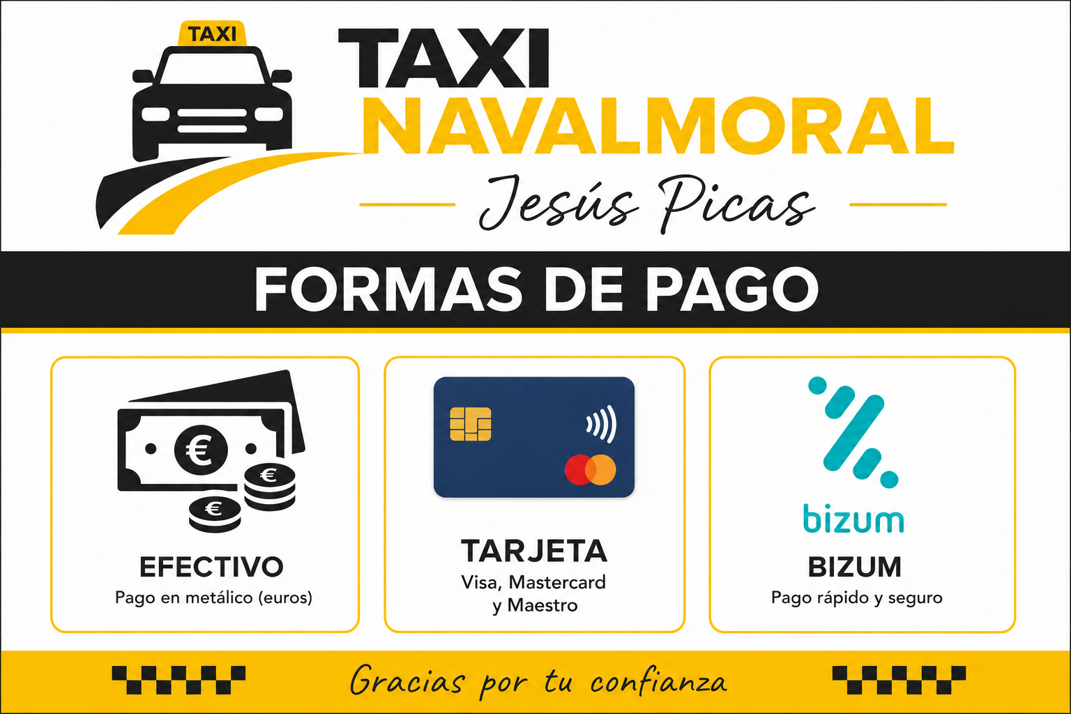 Banner de métodos de pago de Taxi NavalMoral Jesús Picas con opciones de efectivo, tarjeta y Bizum.