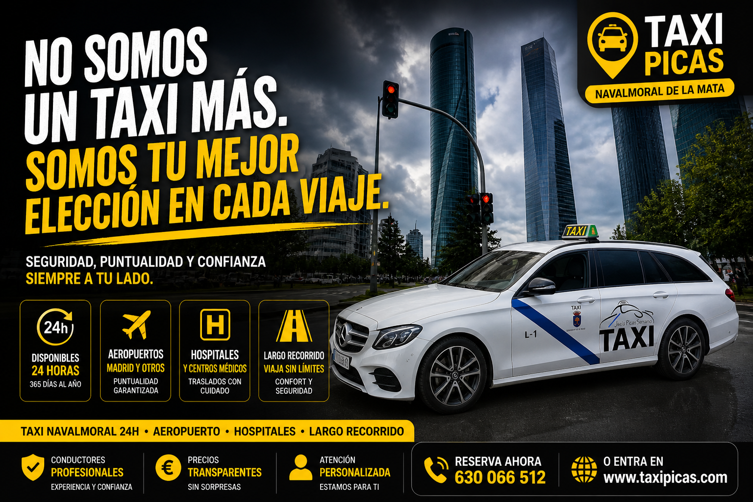 Anuncio de Taxi Picas con un taxi blanco,  y un eslogan en español que afirma ser la mejor opción para cada viaje.