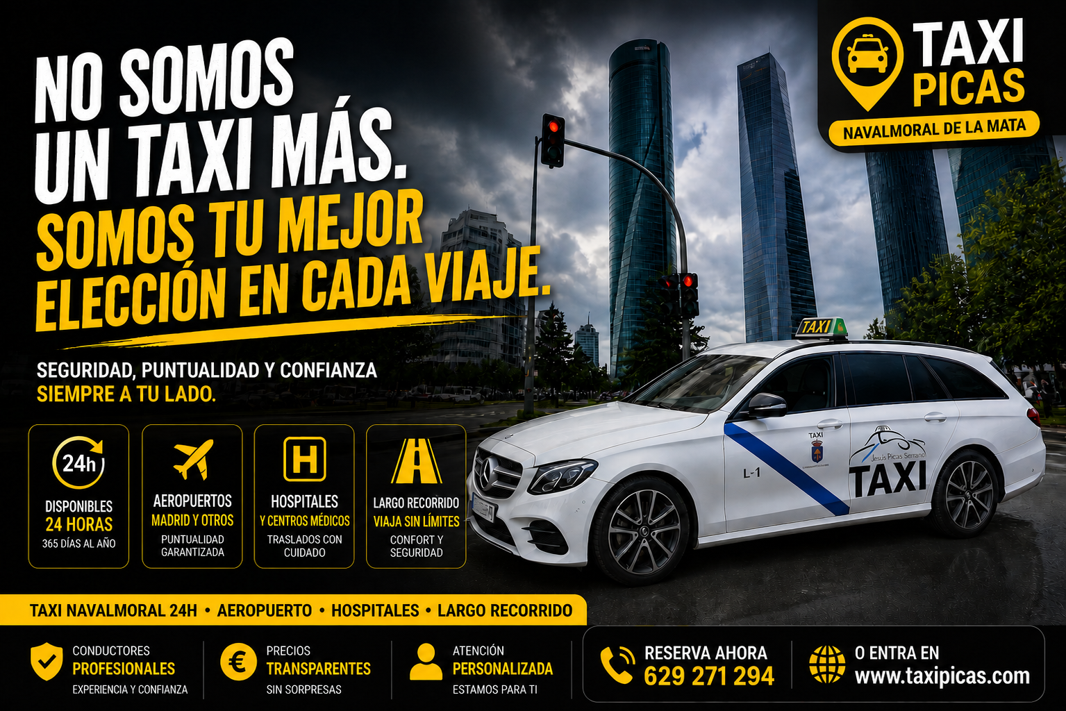 Taxi Navalmoral Jesús Picas Anuncio de Taxi Picas con un taxi blanco, y un eslogan en español que afirma ser la mejor opción para cada viaje.