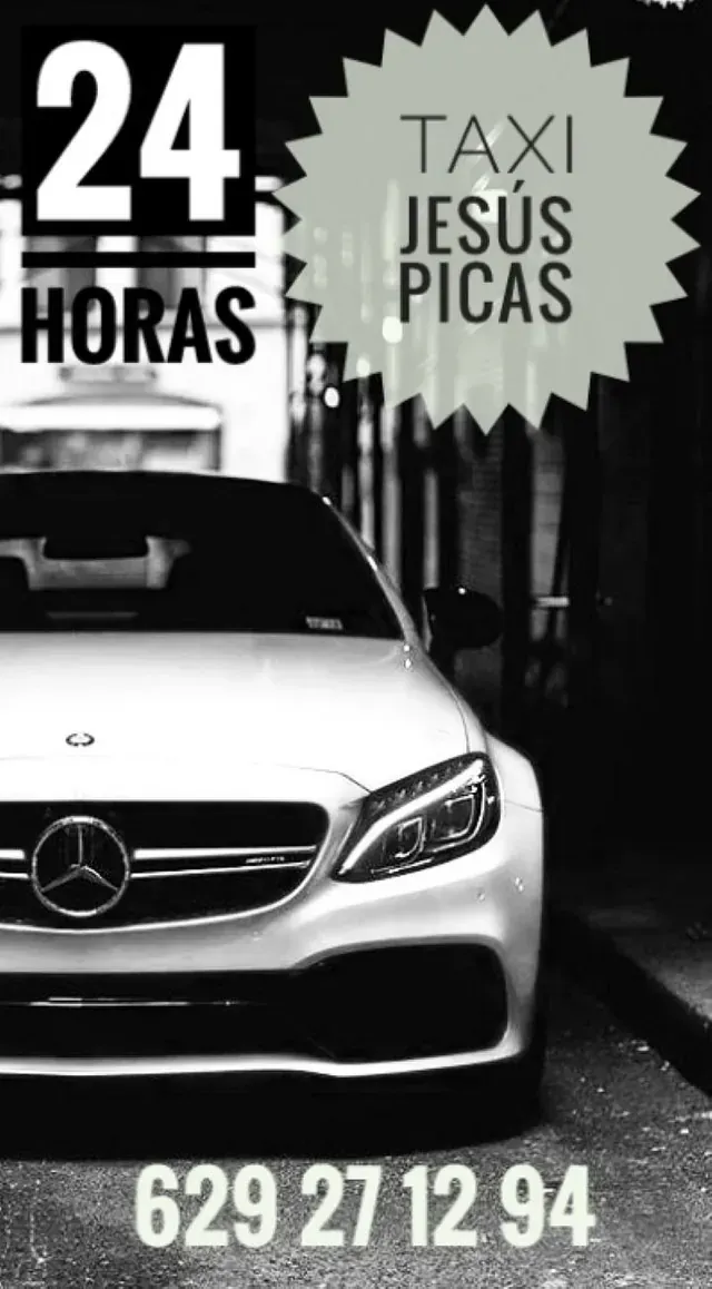 tarjeta de visita en blanco y negro con foto de mercedes y número de teléfono de Taxi Navalmoral Jesús Picas