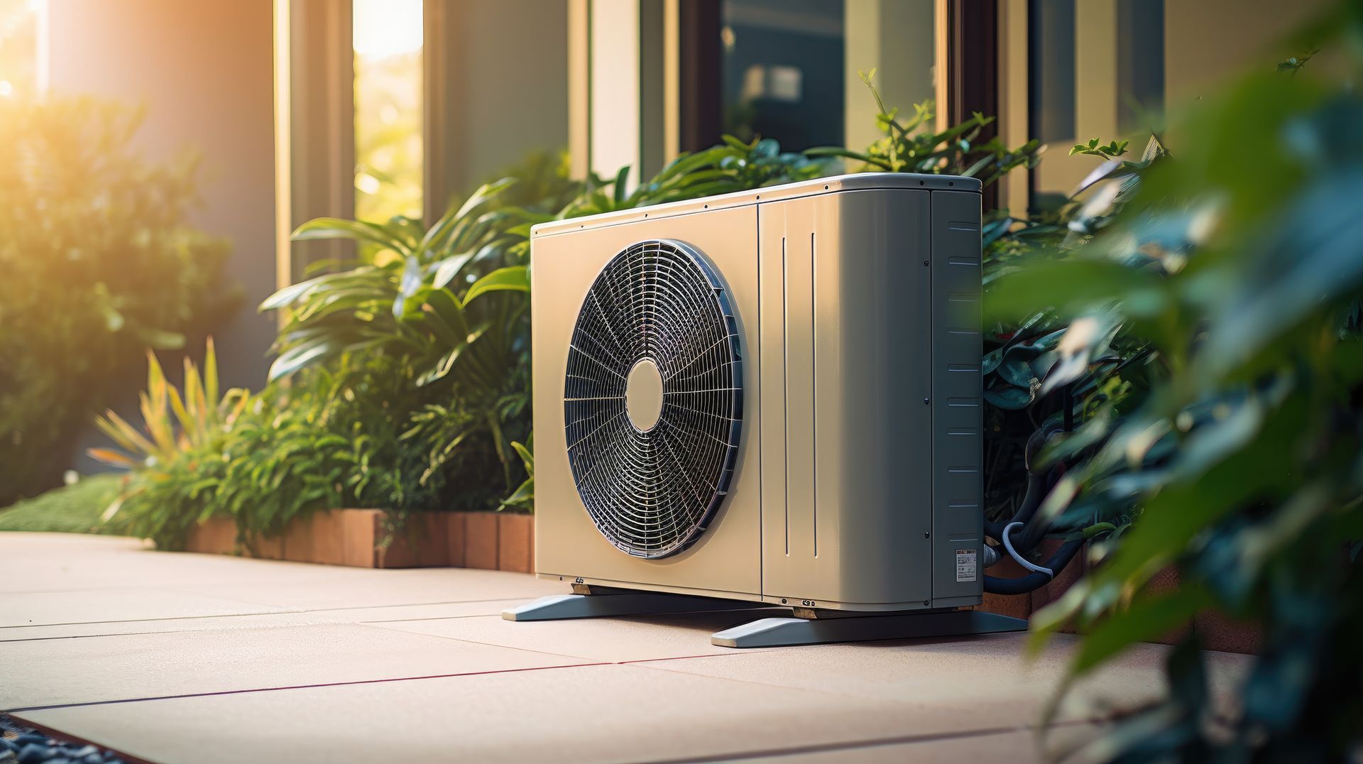 Une pompe à chaleur près de plantes