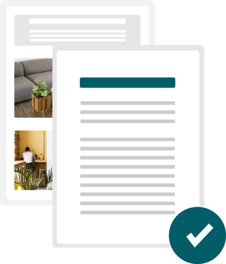 Zwei Dokumente mit Text und Bildern, ein Häkchensymbol.