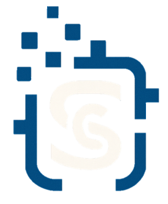 Blaues und weißes Quadrat mit einem „S“ darin und verstreuten Quadraten oben.