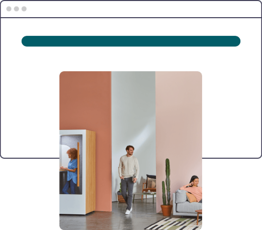Ein Mann geht an farbenfrohen Wänden vorbei, Menschen sitzen in einer Kabine und auf einem Sofa in einem modernen Raum.