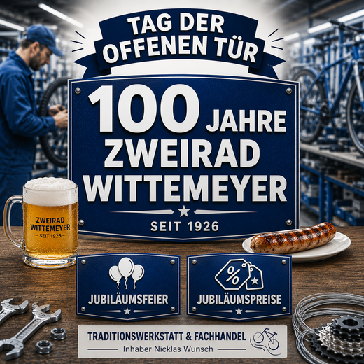 Werbeschild zum 100-jährigen Jubiläum von Zweirad Wittemeyer in einer Fahrradwerkstatt, mit Bier und Werkzeug.