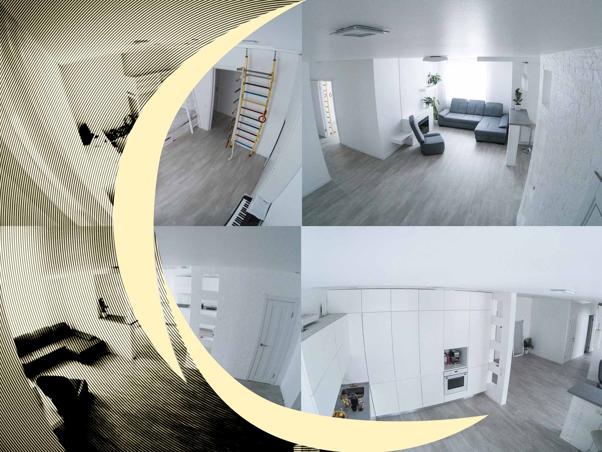 4 vues différentes prises par des caméras de sécurité dans une maison