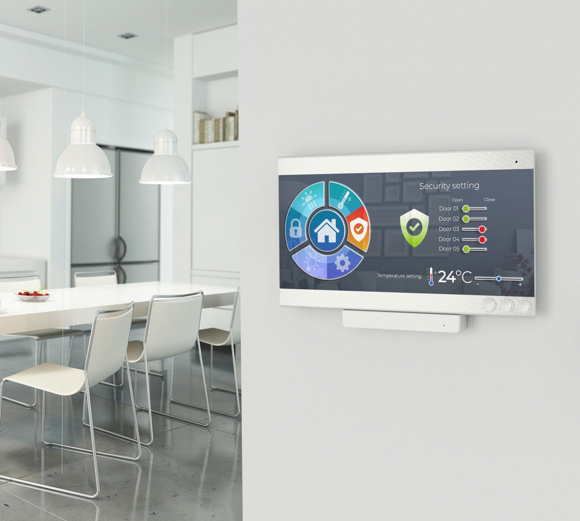 Écran de contrôle sur le mur de la cuisine d'une maison connectée