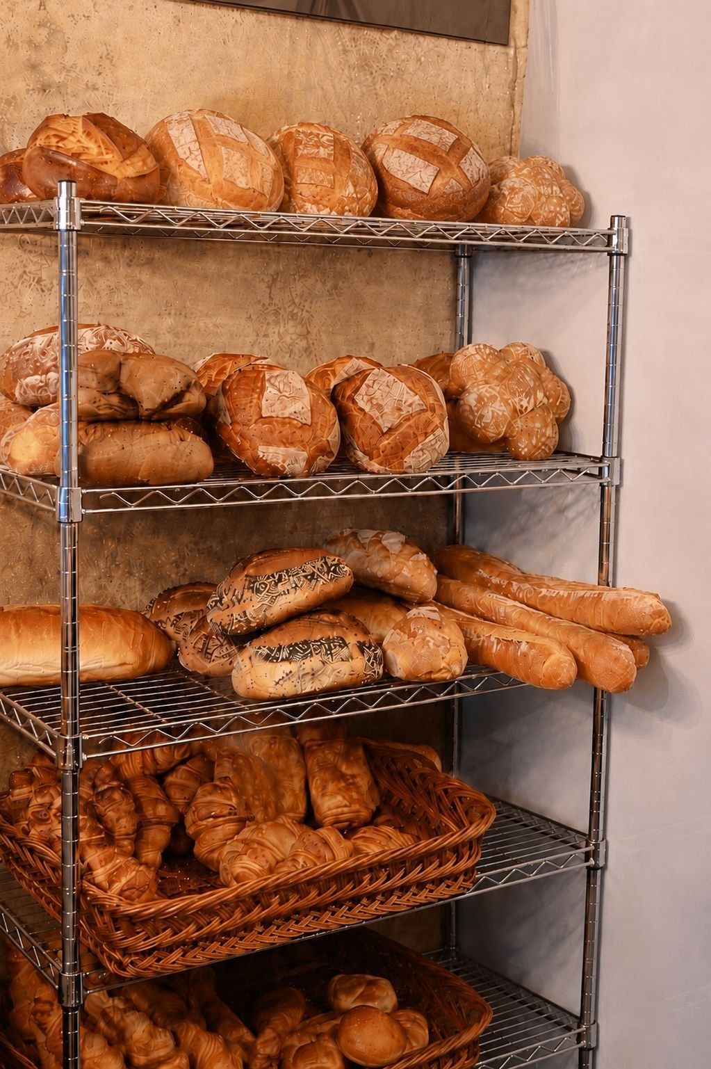 Présentoir de pains assortis sur des étagères métalliques dans une boulangerie