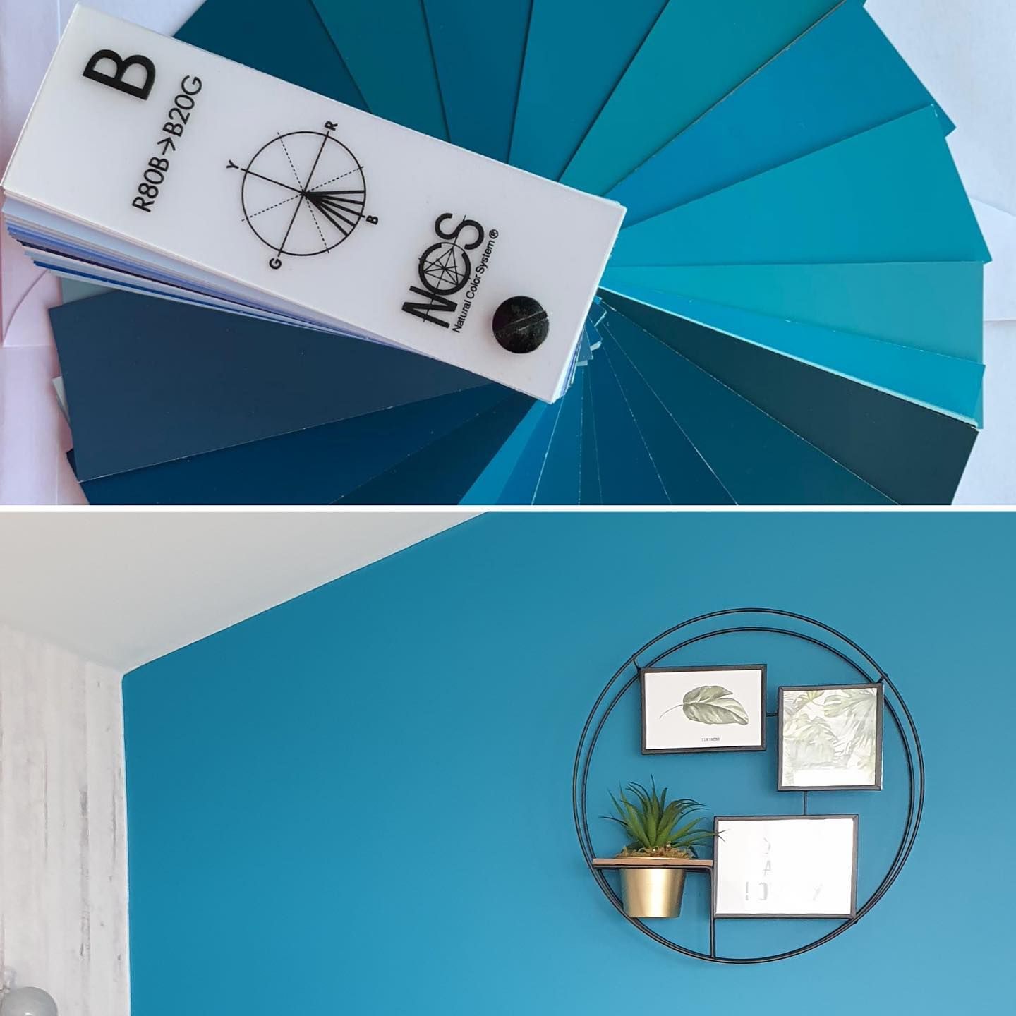 Une palette de couleurs nos est affichée à côté d'un mur bleu | Giovannini Plâtrerie-Peinture Sàrl