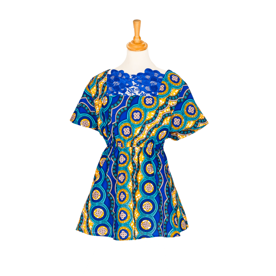 Robe courte bleue avec motifs ronds jaunes