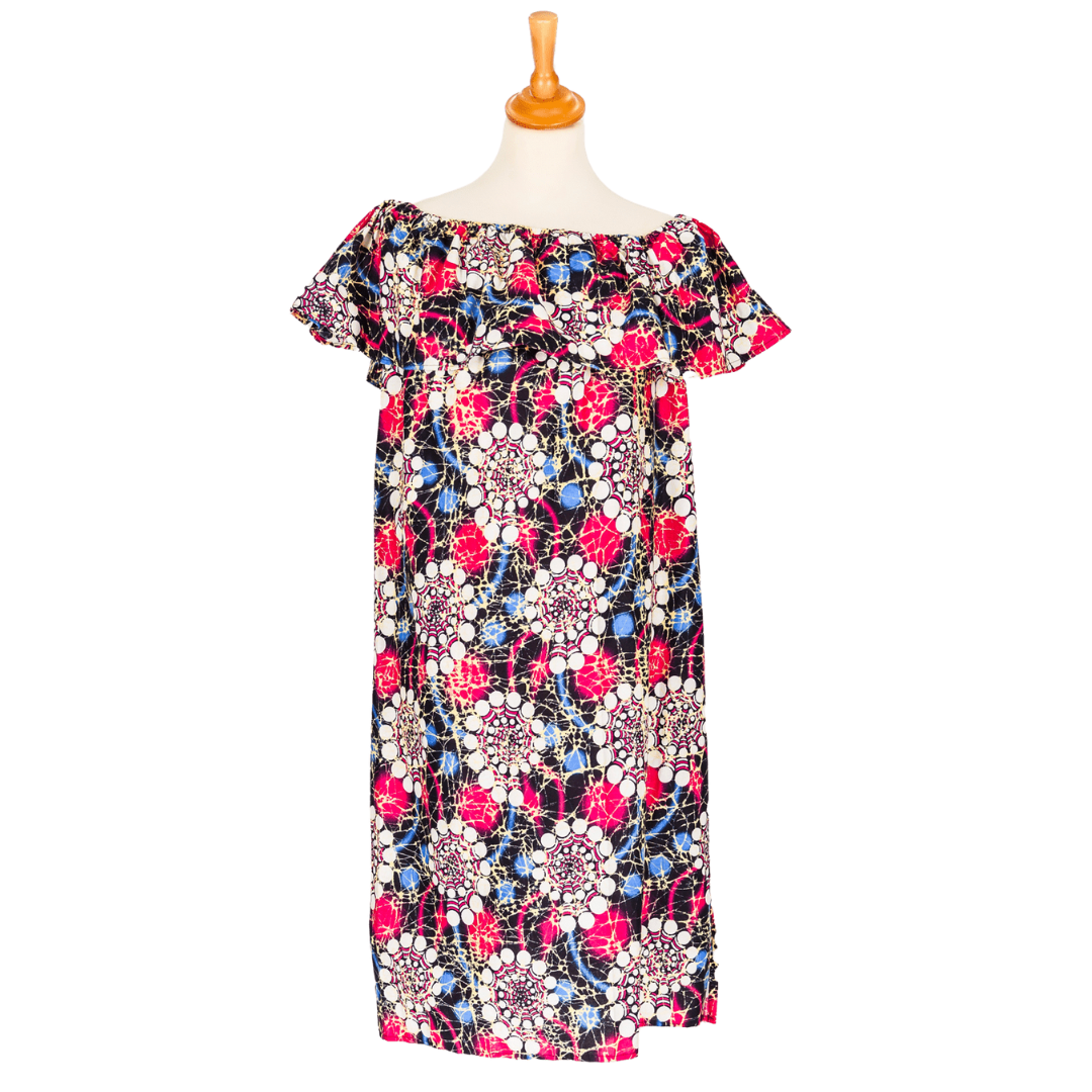 Robe épaules dénudées avec motifs fleurs rose et bleu