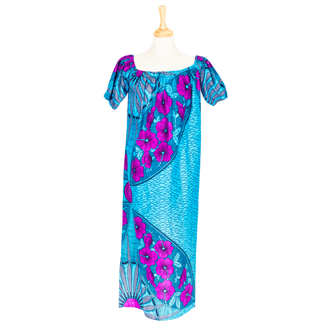 Robe épaules dénudées avec motifs bleus et roses