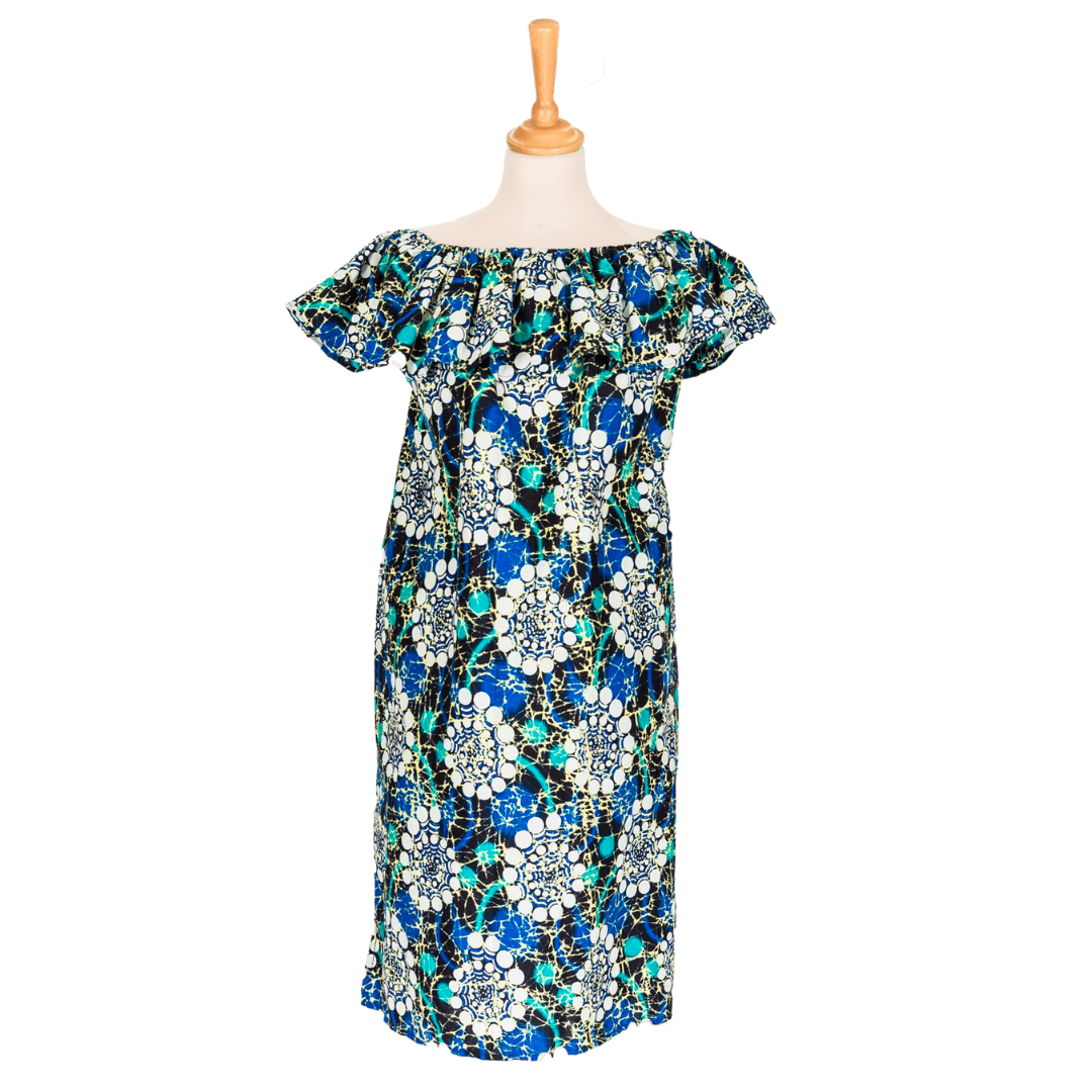 Robe demi-longue bleue et noire à motifs