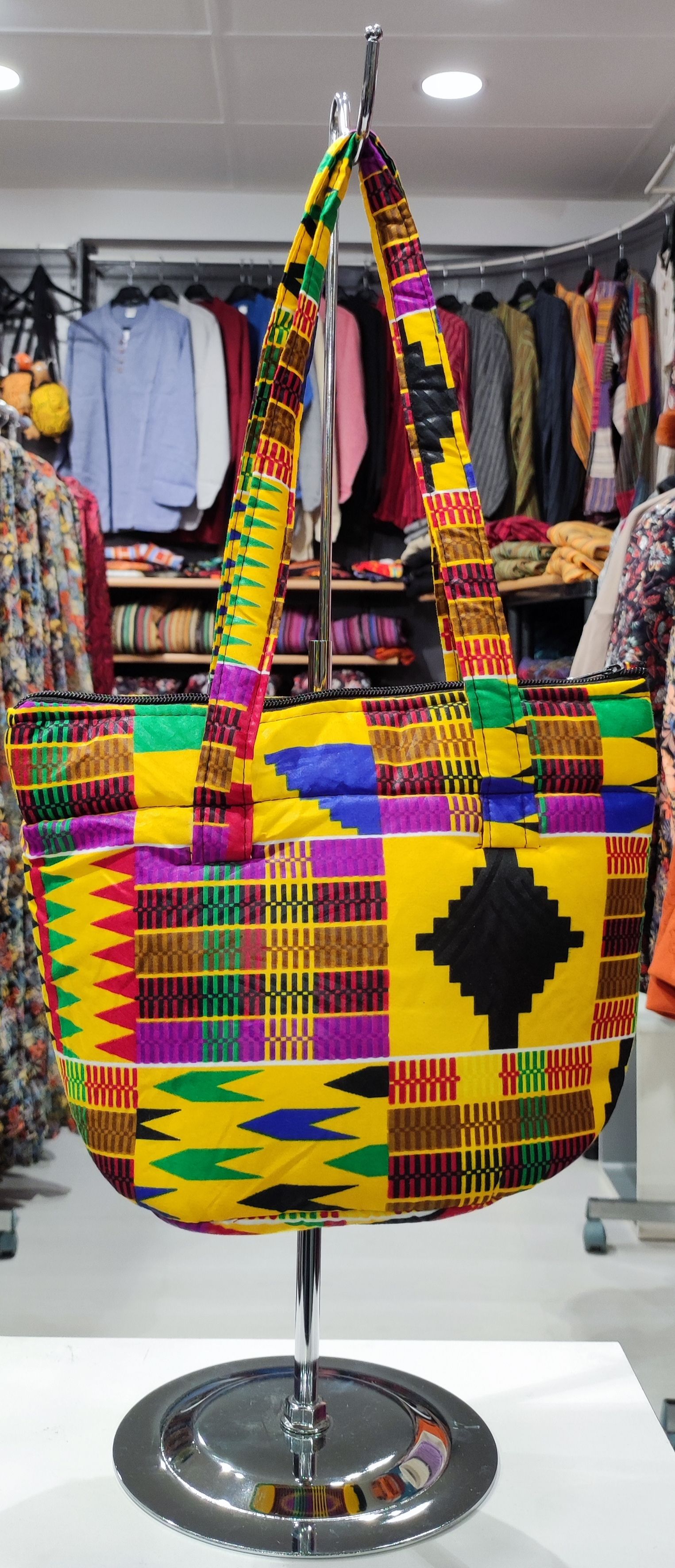 Sac à mains motif africain coloré jaune, vert, bleu et rose