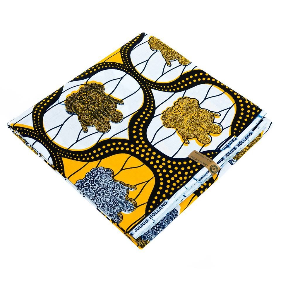 Tissu avec gros motif blanc, jaune et gris