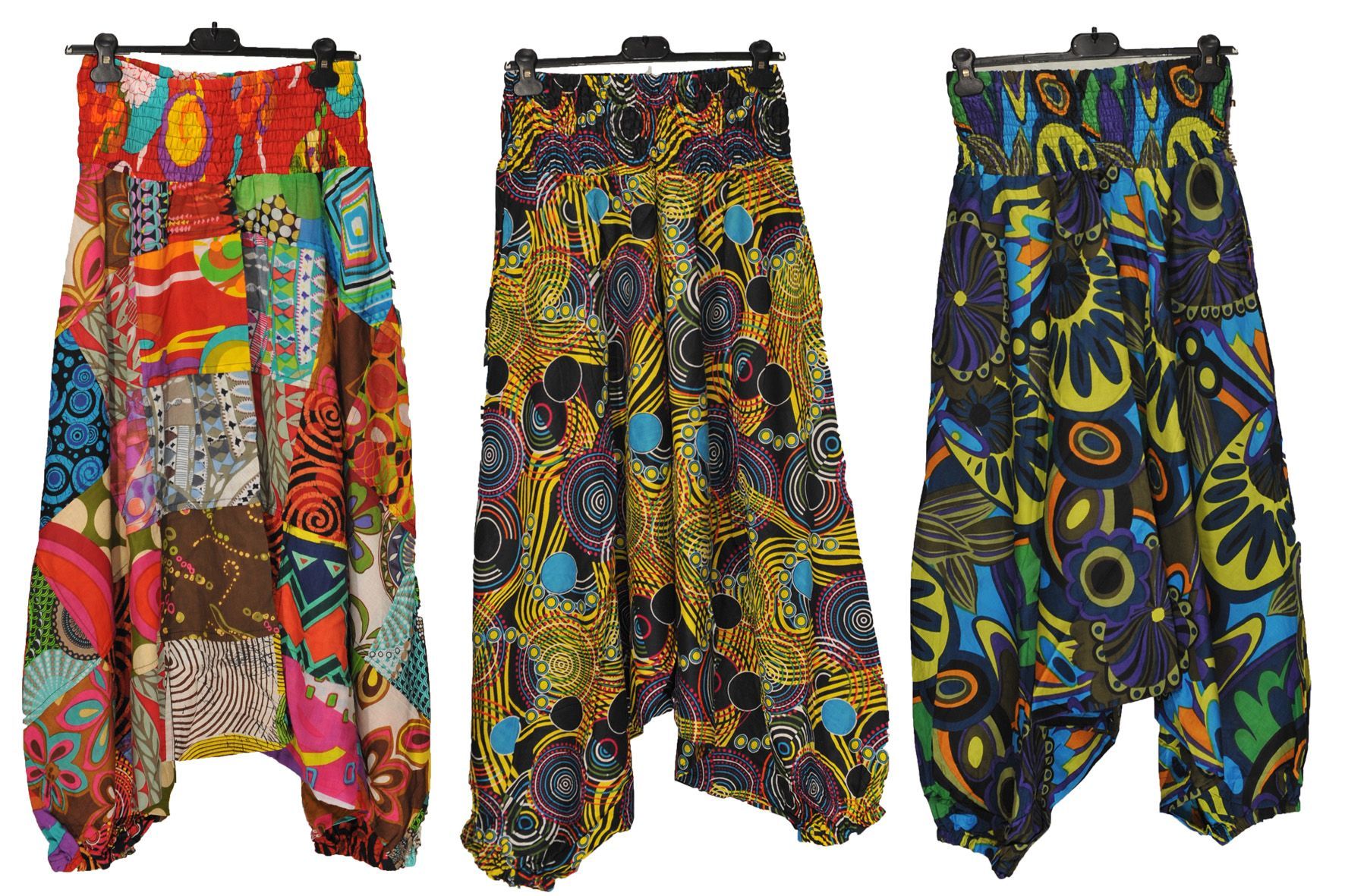 Selection de sarouels avec des motifs arrondis et colorés