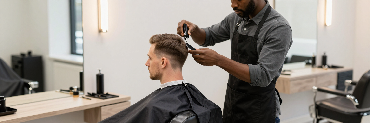 Un barbero cortándole el pelo a un hombre en una peluquería moderna con espejos y puestos de peluquería