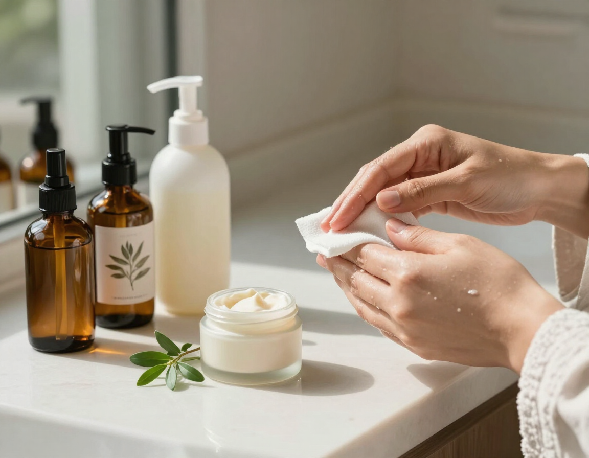Aplicación manual de productos para el cuidado de la piel con un disco de algodón junto a frascos ámbar y un tarro de crema sobre la encimera de un baño iluminado por el sol