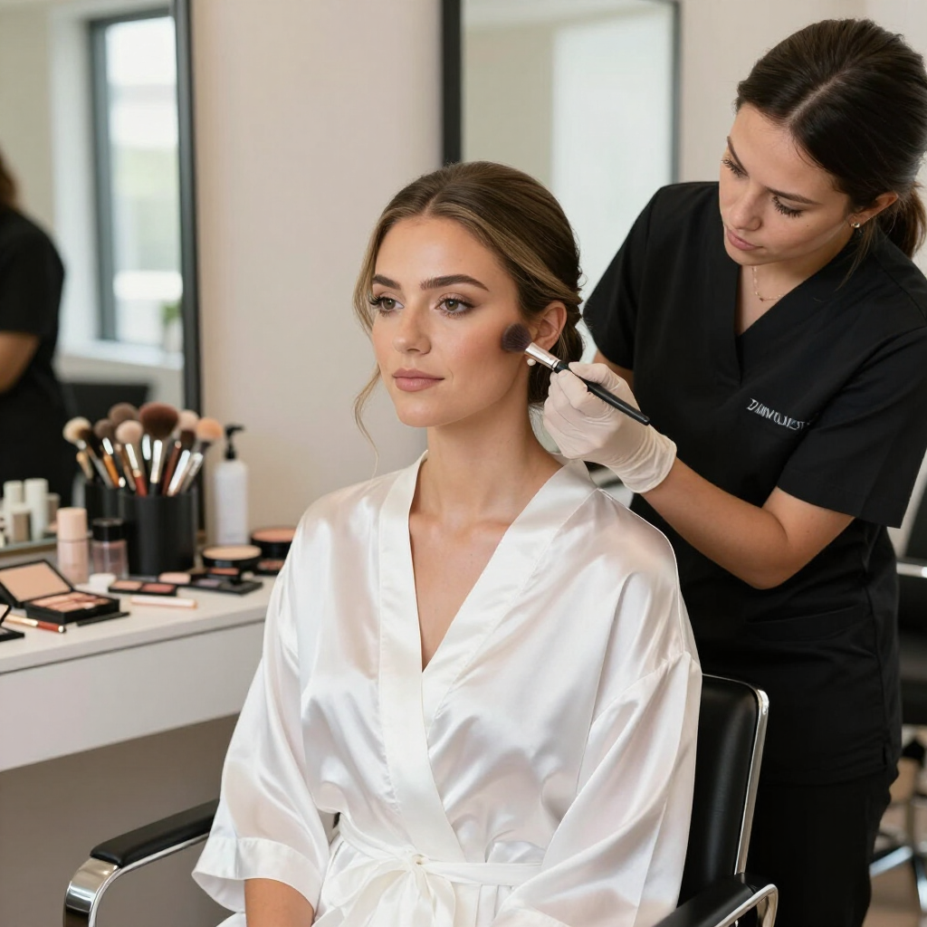 Una novia con una bata blanca mientras una maquilladora le peina en un salón
