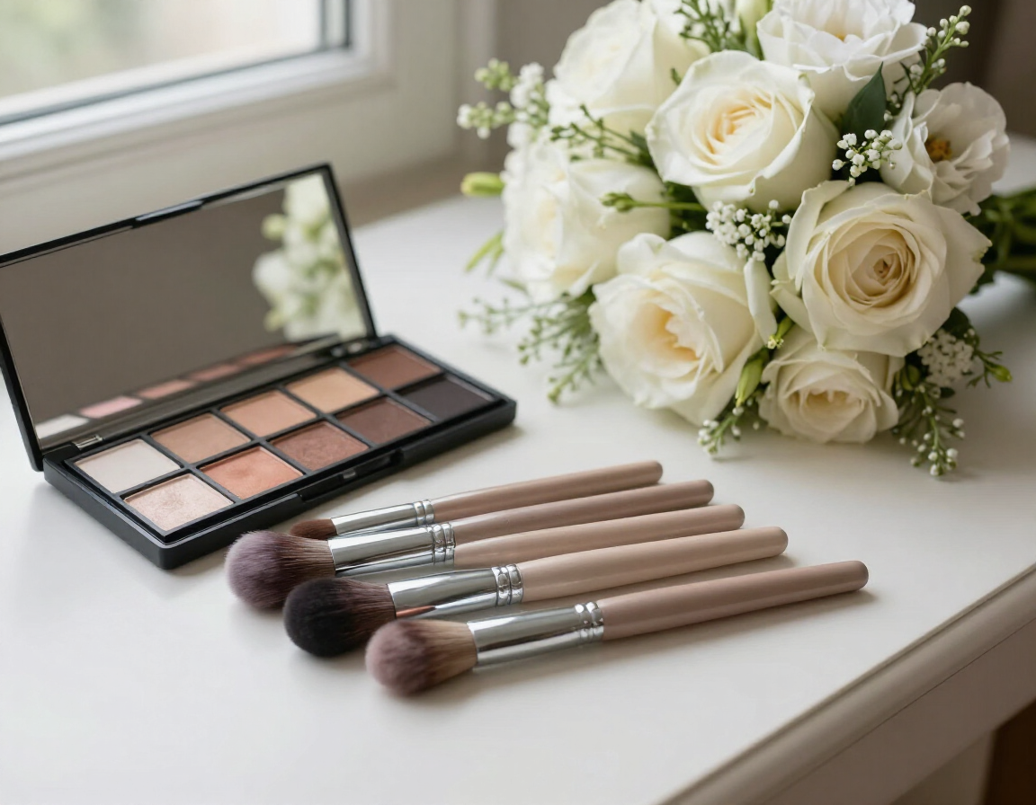 Paleta de maquillaje y brochas junto a un ramo de rosas blancas en un alféizar luminoso