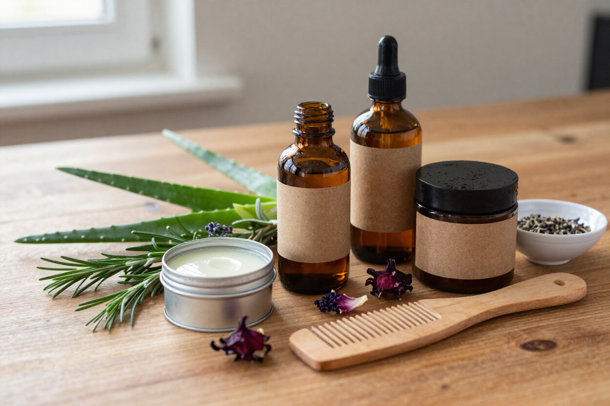 Hojas de aloe vera, frascos ámbar, tarros, un peine y flores secas sobre una mesa de madera.