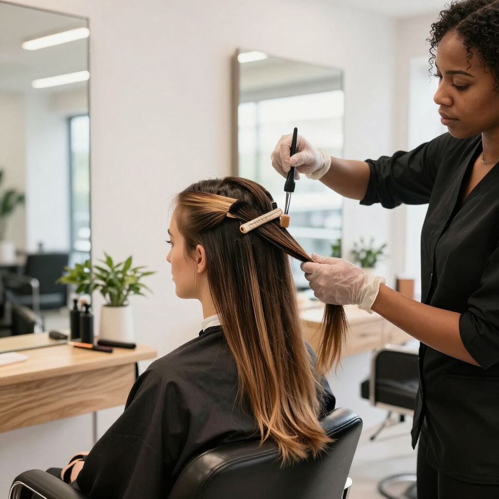 Un peluquero aplicando mechas al cabello de una clienta en un salón de belleza