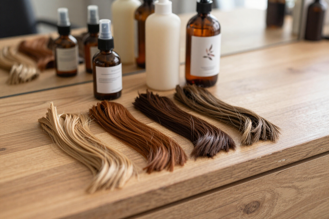 Muestras de cabello y frascos de vidrio marrón dispuestos sobre una mesa de madera en un salón de belleza